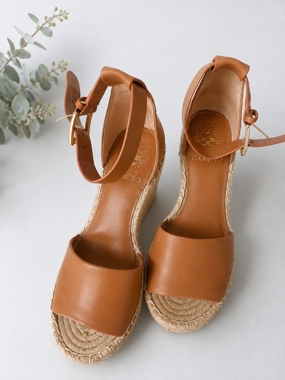 Vince Camuto Cognac Tan Espadrille Wedge Sandals - Ankle Strap - Picture 2 of 4